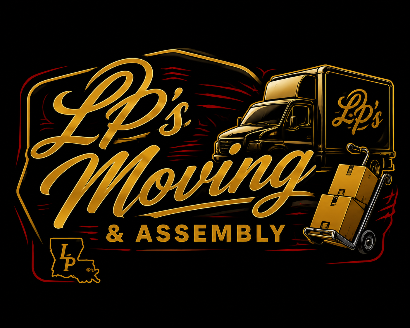 LP's Moving and Assembly logo with moving truck and boxes